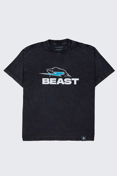 Black t-shirt with 'BEAST' logo on a light gray background
