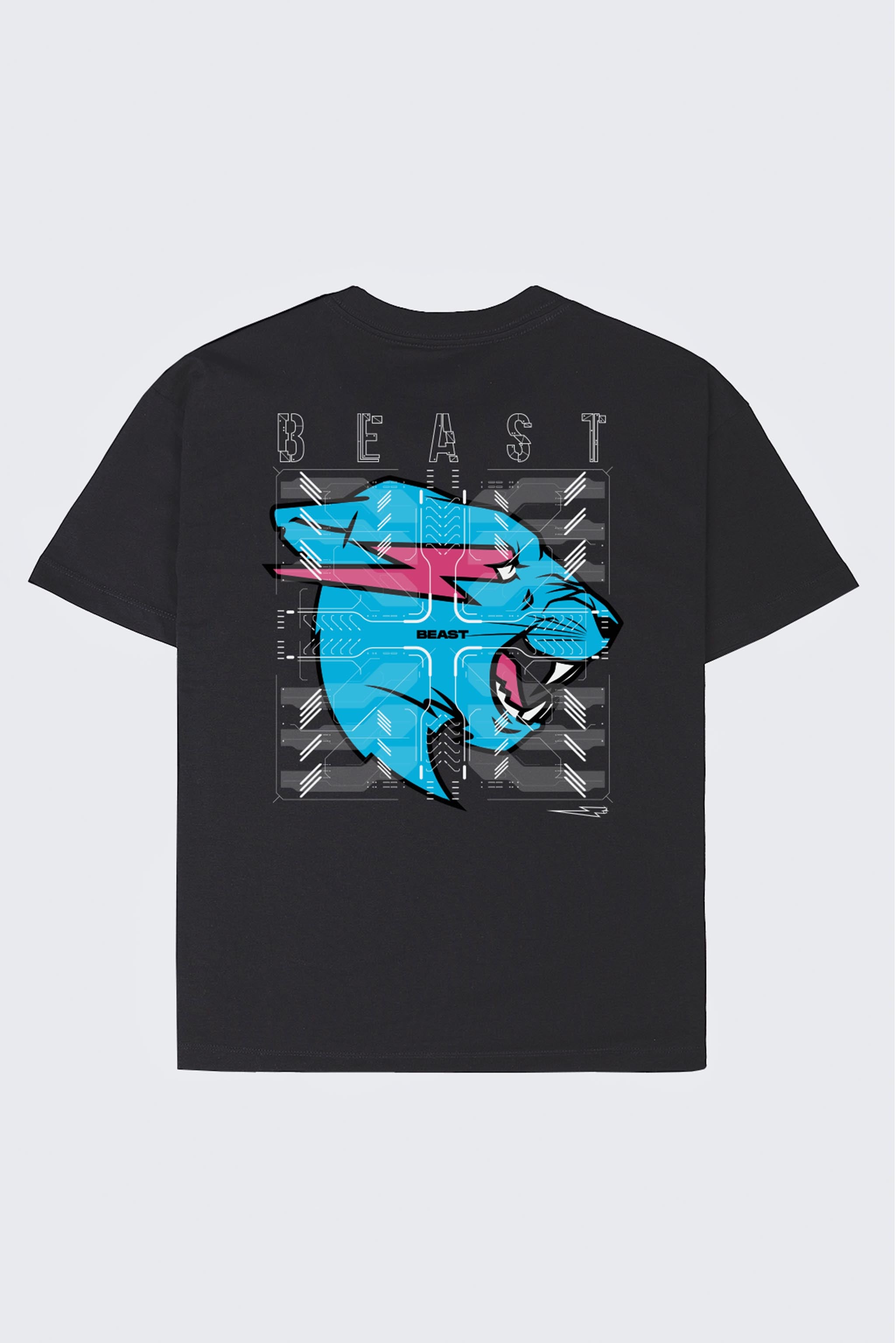 Black t-shirt with blue panther graphic and 'Beast' text on a light gray background