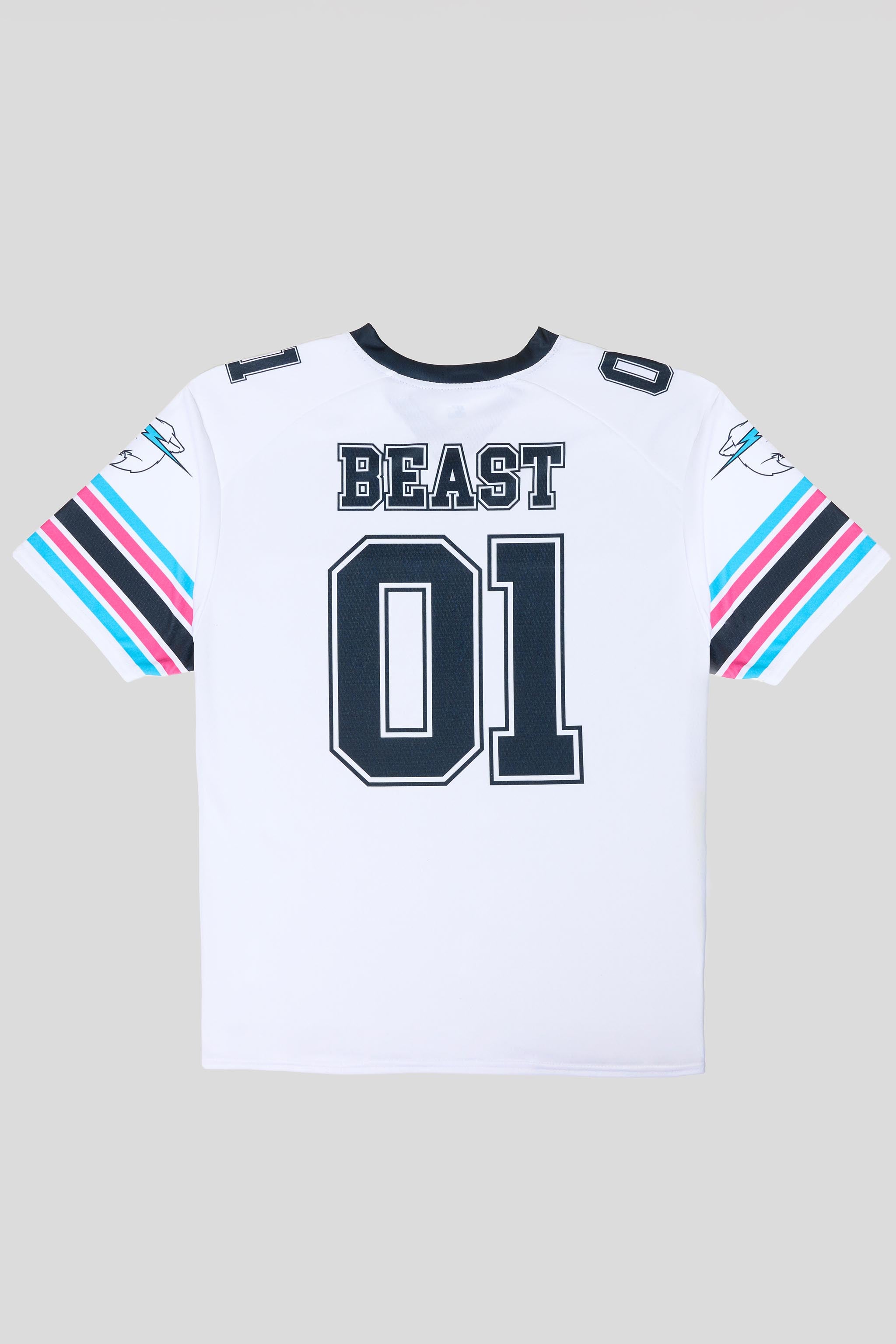 White sports jersey with 'BEAST 01' text on a gray background