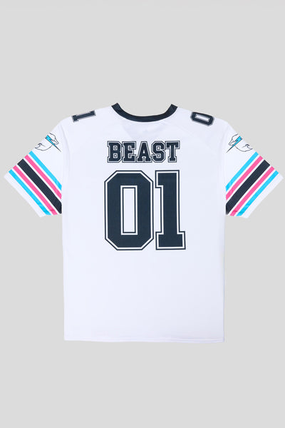 White sports jersey with 'BEAST 01' text on a gray background