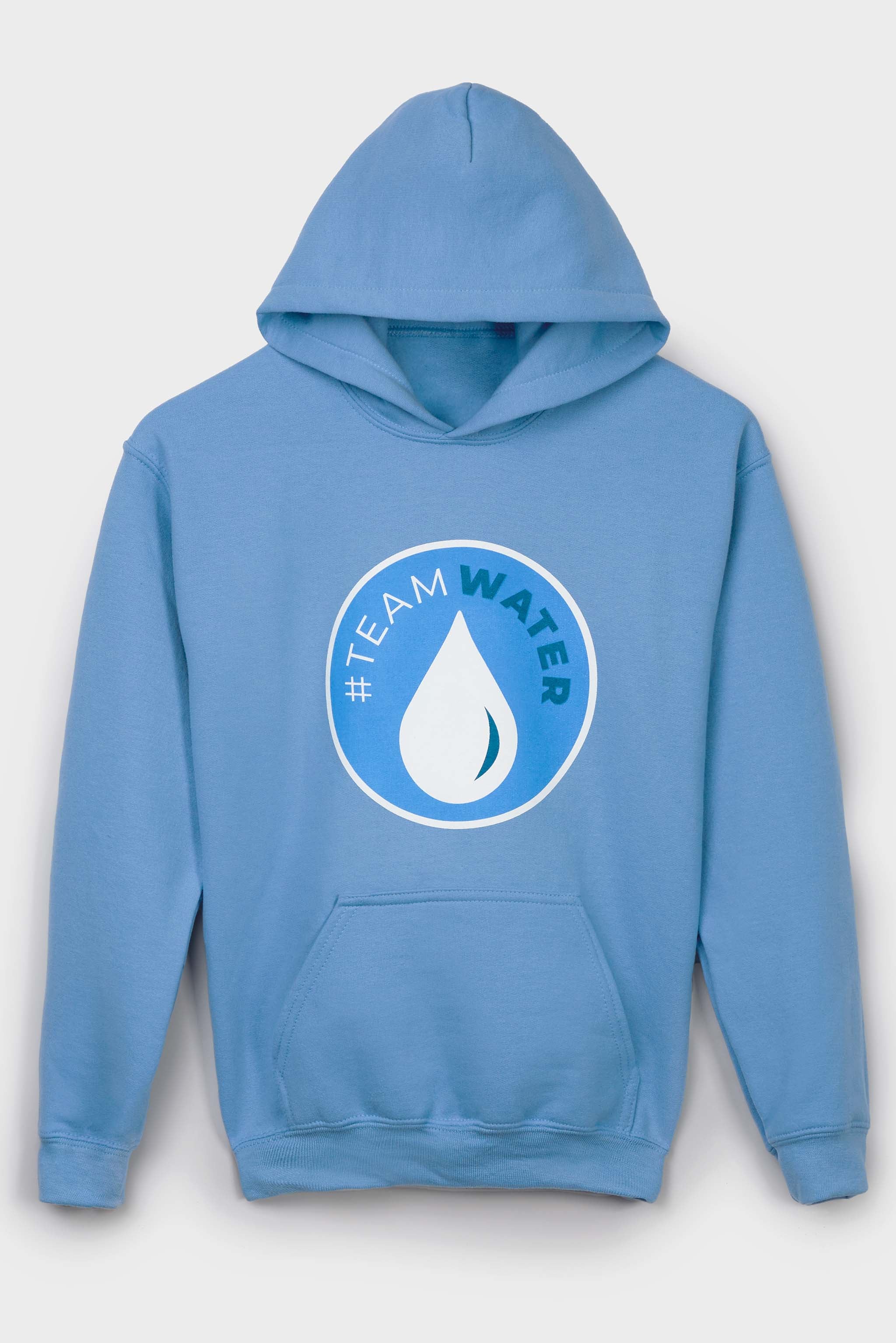 Blue hoodie with '#TeamWater' logo on a light gray background