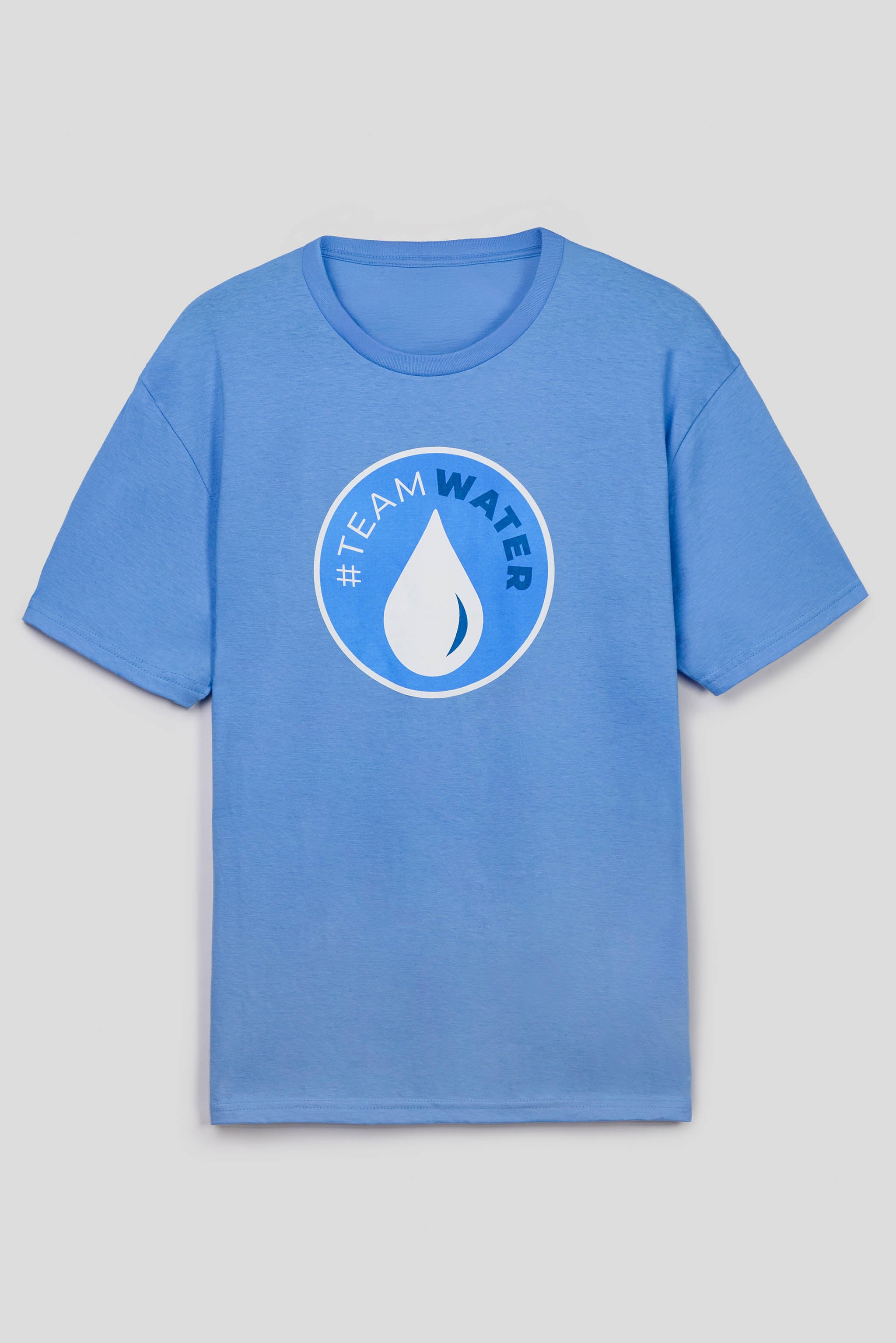 Blue t-shirt with '#TEAM WATER' logo on a gray background