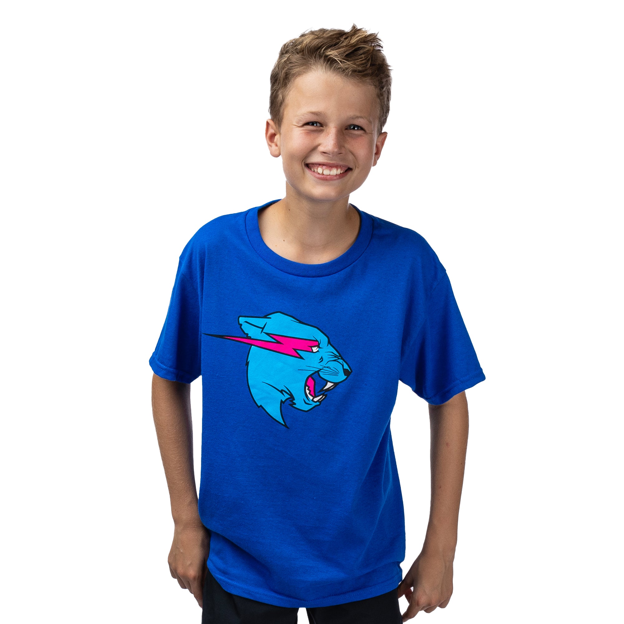 Child wearing a blue t-shirt with a graphic design on a white background